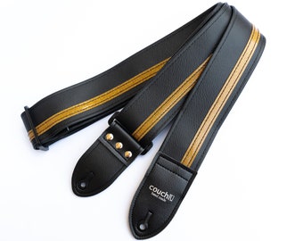 Black With Gold Racing Stripe Guitar Strap Hand Made of Vegan Auto Upholstery Vinyl