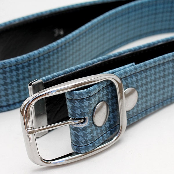 Vintage Blue GTO Belt - Upcycled Houndstooth Plaid, Car Seat Vegan Leather Vinyl, Unisex