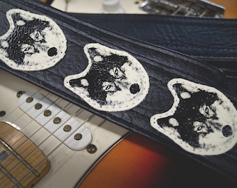 Wolf Guitar Strap, Heavy Duty Handmade Vegan Leather, Hand Sewn Wolves, Made In USA