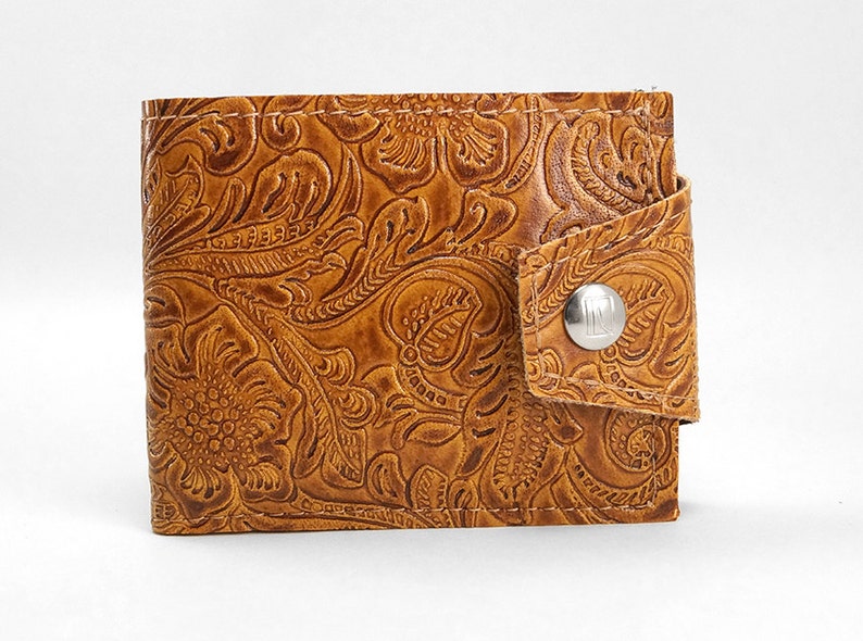 Hand Tooled Western Wallet- Mens Billfold Made of Boutique Upholstery Light Brown Vegan Leather Embossed Vinyl 