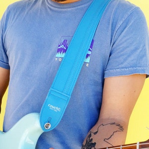 All Blue Monochrome Racer X Guitar Strap, Hand Made of Vintage Vegan Vinyl.