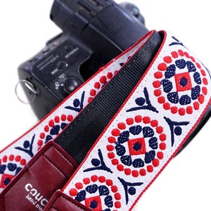 Psych White Red and Blue Hippie Weave Boho Camera Strap, Vintage, Upcycled, Vegan