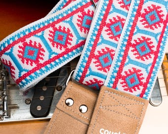 The Couch Imagining Sun Hippie Weave Boho Guitar Strap - Pink and Sky Blue