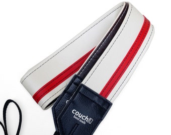 White With Red Racing Stripe Camera Strap- Vegan, Hand Made In USA