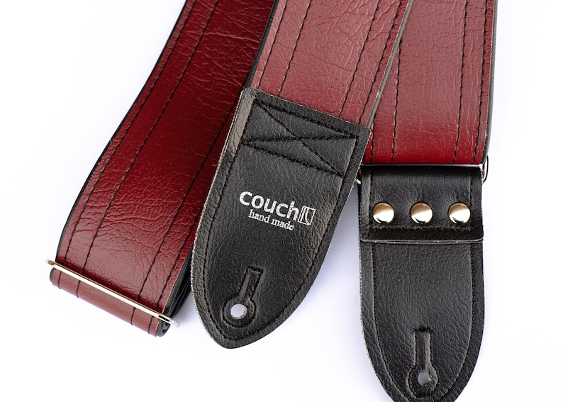 Dark Red Luggage Stitch Guitar Strap, Deep Grained Texture, Maroon Brick Oxblood Vegan Leather, Made In USA image 2