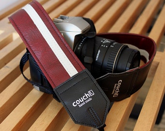 Dark Red Racing Stripe Camera Strap, vinyl, vegan, Oxblood Maroon Burgundy