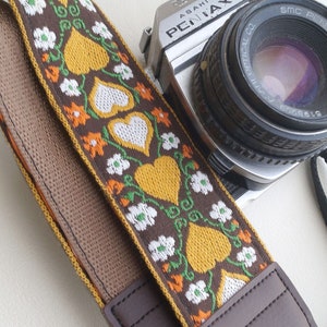 Wonderland Hearts 70s Camera Strap, MadeIn USA of Vintage Weave, Recycled Seatbelt, and Vegan Leather