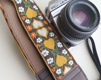 Wonderland Hearts 70s Camera Strap, MadeIn USA of Vintage Weave, Recycled Seatbelt, and Vegan Leather