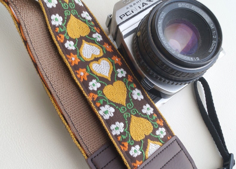 Wonderland Hearts 70s Camera Strap, MadeIn USA of Vintage Weave, Recycled Seatbelt, and Vegan Leather 