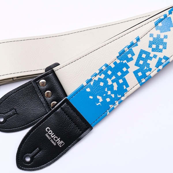 8-Bit Space Invaders Guitar Strap - Light Blue Retro Gaming