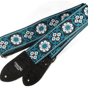 Turquoise and Cork Vintage Hippie Weave Guitar Strap, Made with Vegan Cork and Recycled Seatbelt