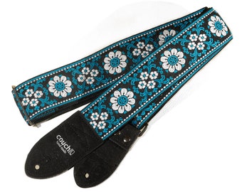 Turquoise and Cork Vintage Hippie Weave Guitar Strap, Made with Vegan Cork and Recycled Seatbelt