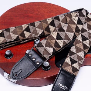 Triangle Boho Retro Geometric Guitar Strap- Black Sand Beige, Made Of Vintage 90s Pyramid Upcycled Furniture Fabric