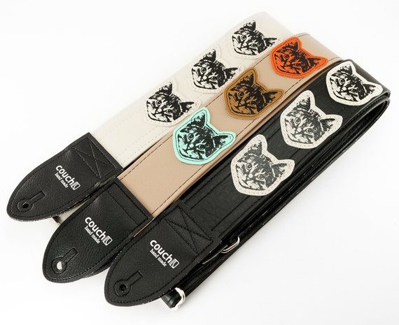 Cat Face Guitar Strap With Genuine Leather Ends | Adjustable, Includes Strap Locks & Pick Pocket – Gift For Guitar Players