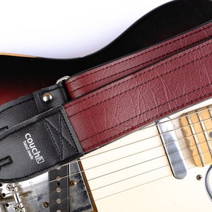 Dark Red Luggage Stitch Guitar Strap, Deep Grained Texture, Maroon Brick Oxblood Vegan Leather, Made In USA image 4