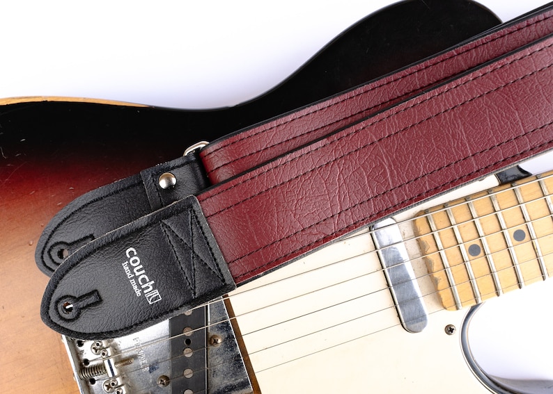 Dark Red Luggage Stitch Guitar Strap, Deep Grained Texture, Maroon Brick Oxblood Vegan Leather, Made In USA image 4