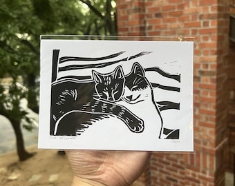Pelzfreunde Katzenliebhaber Geschenk original Linoldruck Block