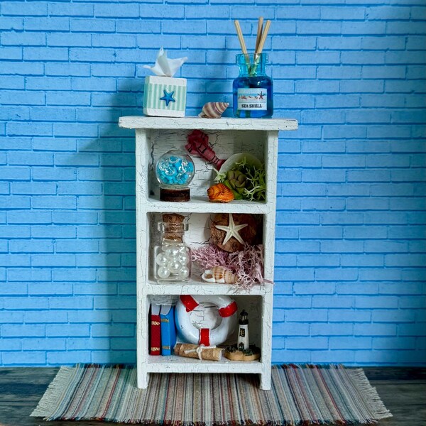 Dollhouse Miniature Beach Theme Ocean Sea Bookcase Bookshelf Cupboard 1:12 Furniture Shells Cottage Fish Miniatures