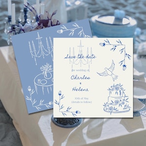 Może przedstawiać: Niebieska i biała karta z zaproszeniem na ślub z żyrandolem, gołębiem, tortem weselnym i kwiatowymi akcentami. Tekst brzmi "Save the date, the wedding of Charles & Helena, 10th of May (details to follow)"