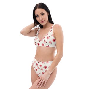 Bikini a vita alta riciclato con stampa a rose