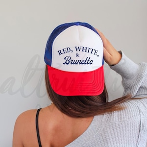 Red White and Brunette Foam Trucker Hat, Fourth of July, Navy Embroidery