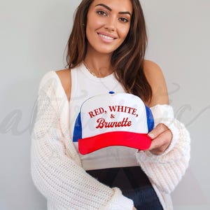 Red White and Brunette Foam Trucker Hat, Fourth of July, Red Embroidery
