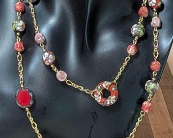Conjunto de joyería cloisonné vintage de 4 piezas de Liz Claiborne - Conjunto raro, nuevo, sin usar, de collar, pulsera con dije y brazalete - Joyería de esmalte colorida de los años 80 y 90