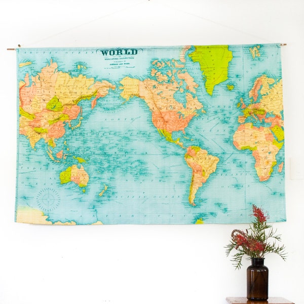 VINTAGE WORLD MAP / world map wall hanging/ vintage school chart/  linen cotton, 57 inches / 145cm long x 36inches/92cm /wedding gift