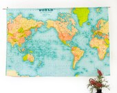 VINTAGE WORLD MAP / world map wall hanging/ vintage school chart/  linen cotton, 57 inches / 145cm long x 36inches/92cm /wedding gift