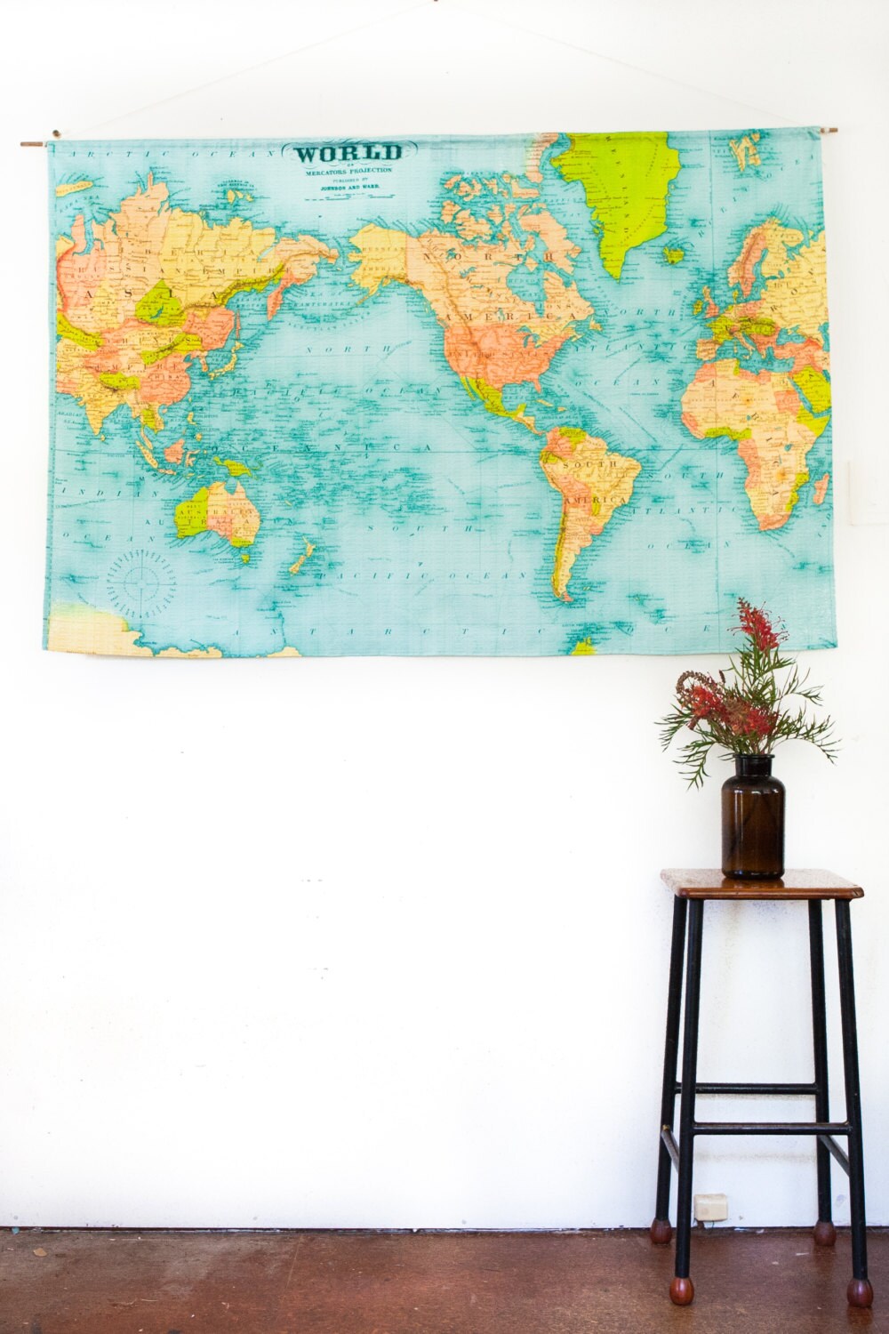 VINTAGE WORLD MAP / world map wall hanging/ vintage school
