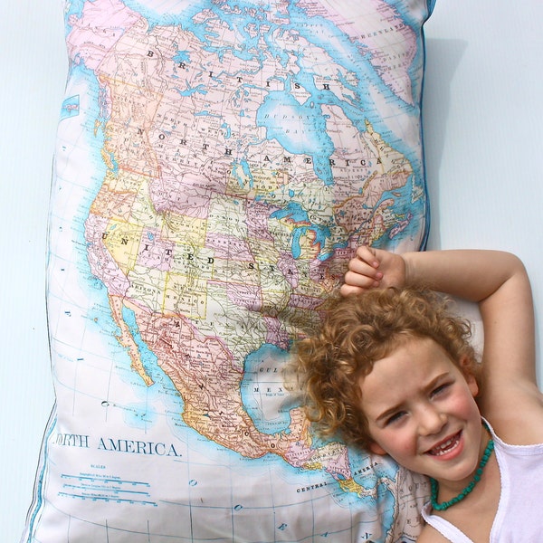 Giant Floor map cushion, vintage  NORTH AMERICA GIANT map cushion, organic cotton cushion, pillow cover, bean bag