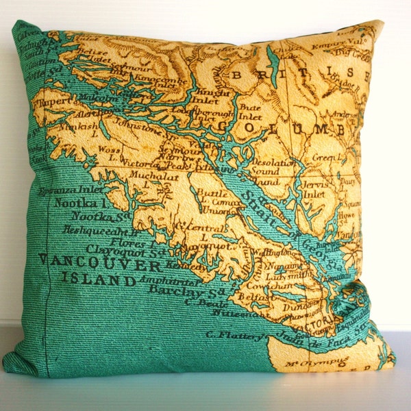 Vintage map print/ Vancouver island map cushion/ 40cm x40cm/ 16 inch map cushion / organic cotton/ antique map/ country map