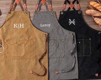 Broderat kanvasförkläde, personligt förkläde för män, anpassat matlagningsförkläde, trädgårdsförkläde, vintageförkläde för pappa, kockförkläde, present till pappa
