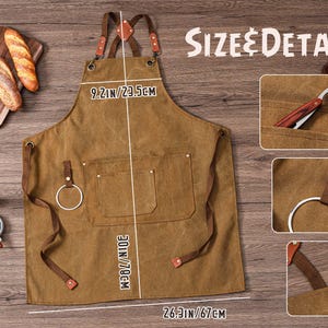 May include: A brown waxed canvas apron with leather accents and metal hardware. The apron has two front pockets, a towel ring, and adjustable straps. The apron measures 26.3 inches wide, 30 inches long, and 9.2 inches across the top. The text "SIZE & DETAILS" is visible.