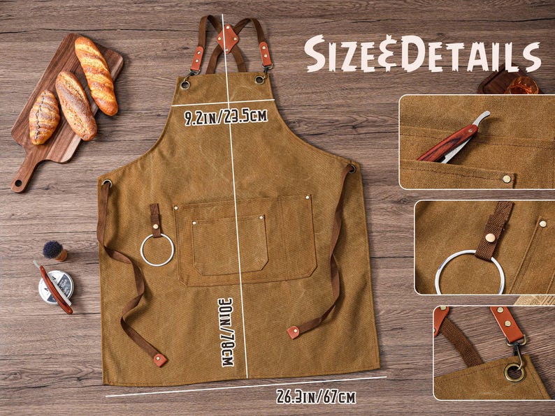 May include: A brown waxed canvas apron with leather accents and metal hardware. The apron has two front pockets, a towel ring, and adjustable straps. The apron measures 26.3 inches wide, 30 inches long, and 9.2 inches across the top. The text "SIZE & DETAILS" is visible.