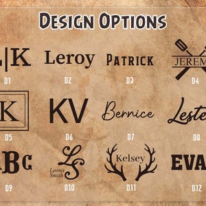 May include: A selection of design options displayed on a textured, brown background. The designs include various fonts, initials, names, and a graphic of crossed grilling tools. The text "DESIGN OPTIONS" is at the top.