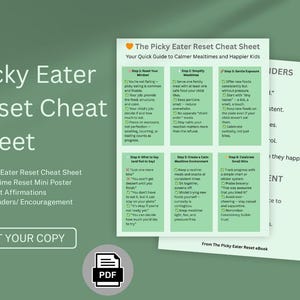 Può includere: Un documento verde e bianco intitolato "Picky Eater Reset Cheat Sheet" con un'icona PDF. Il documento fornisce una guida rapida per pasti più tranquilli e bambini più felici. Include suggerimenti e promemoria per i genitori.