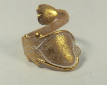 Double Heart Whitewashed Brass Spoon Ring, Brass Heart Ring