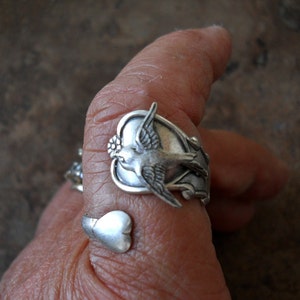 THEY'RE BACK Double Heart Spoon Ring with Swooping Sparrow,  Exclusive Design Only by Enchanted Lockets