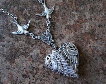 Folded Guardian Angel Wings Heart Locket Exclusive Design by Enchanted Lockets
