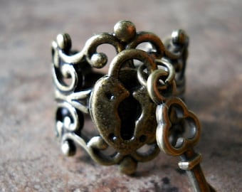 Sweetheart Lock and Key Steampunk Ring in Brass EXCLUSIVE DESIGN