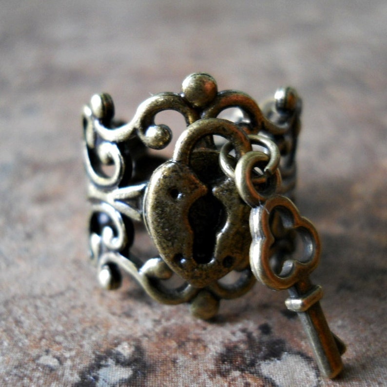 Sweetheart Lock and Key Steampunk Ring in Brass EXCLUSIVE DESIGN image 1