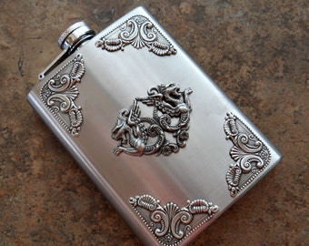 Flask, 8 Oz. Medieval Dragon Silver Flask , Gentleman's or Lady's Liquor Flask