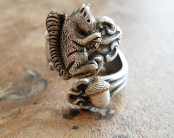 Squirrel and Acorn Spoon Ring, Squirrel Ring, Spoon Ring, squirrel acorn, silver squirrel,