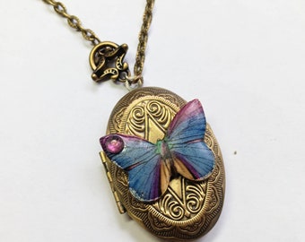 Purple Butterfly Locket in Brass-, One-of-a Kind EXCLUSIVE DESIGN