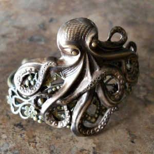 Steampunk Antiqued Brass Octopus Cuff Bracelet Exclusive Design