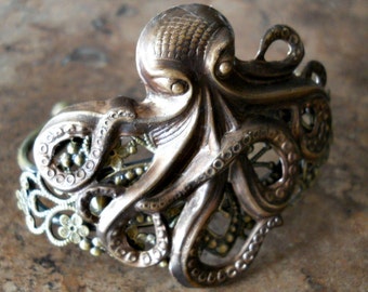 Steampunk Antiqued Brass Octopus Cuff Bracelet Exclusive Design