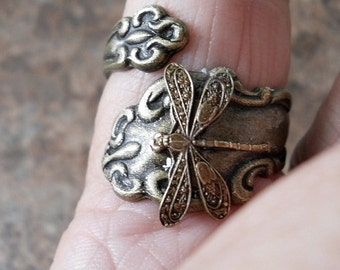 Dragonfly Spoon Ring in Antiqued Brass,*** Exclusive Design Only by Enchanted Lockets