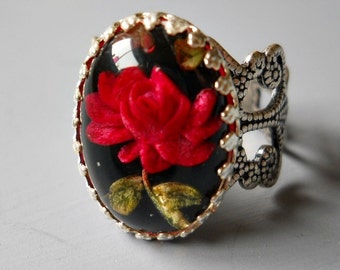 Vintage Rose Ring, Rose Ring, Red Rose Ring, Victorian Red Rose Ring