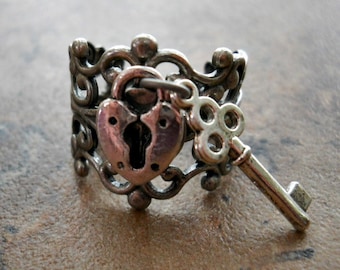 Heart Lock and Key Ring, Silver Lock Ring, Lock Ring, Silver Heart Ring, Heart Lock and Key